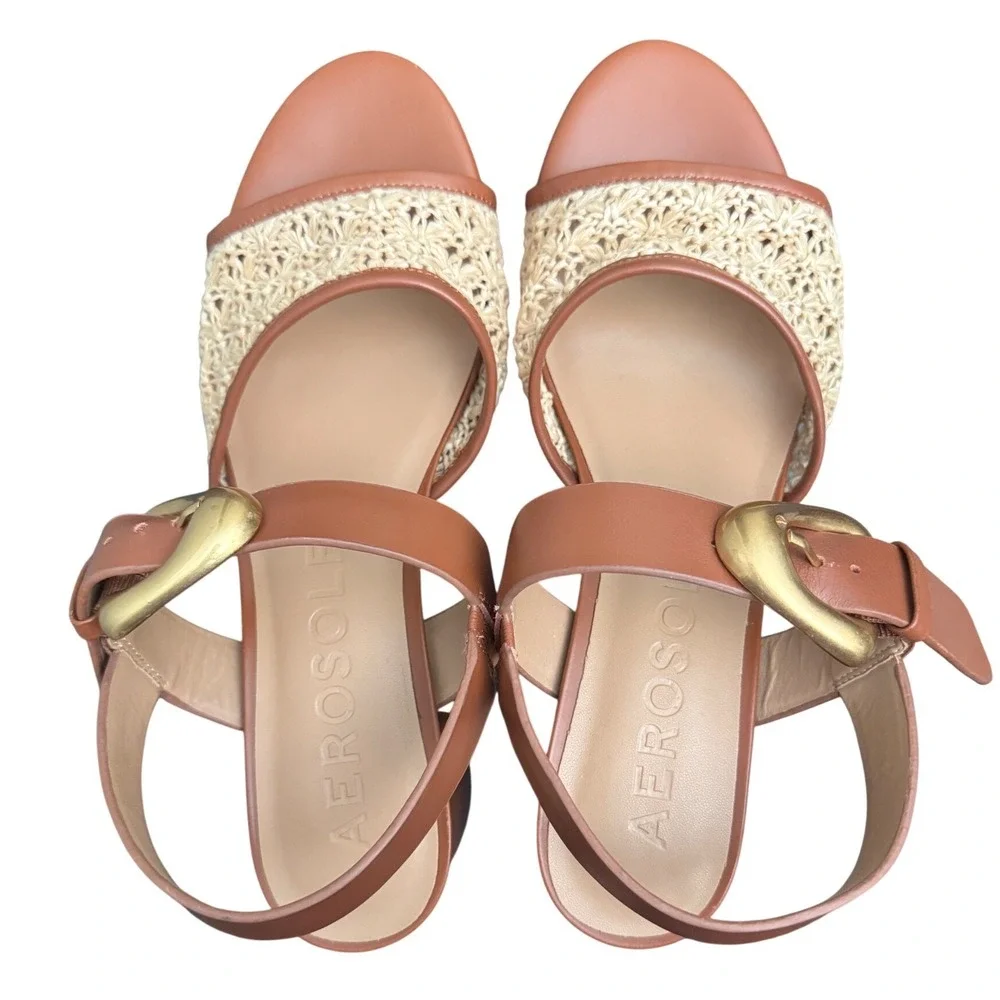 Aerosoles Chamber Raffia Platform Block Heel Sandals Natural Cognac Women's 10.5